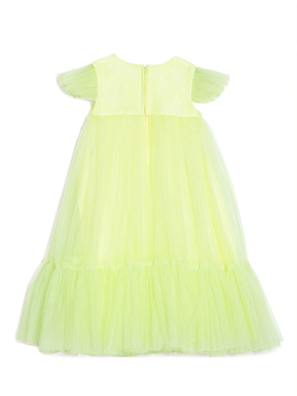 aomi Tulle Girls Ruffled Party Dress with Flower Accessories, Yellow
