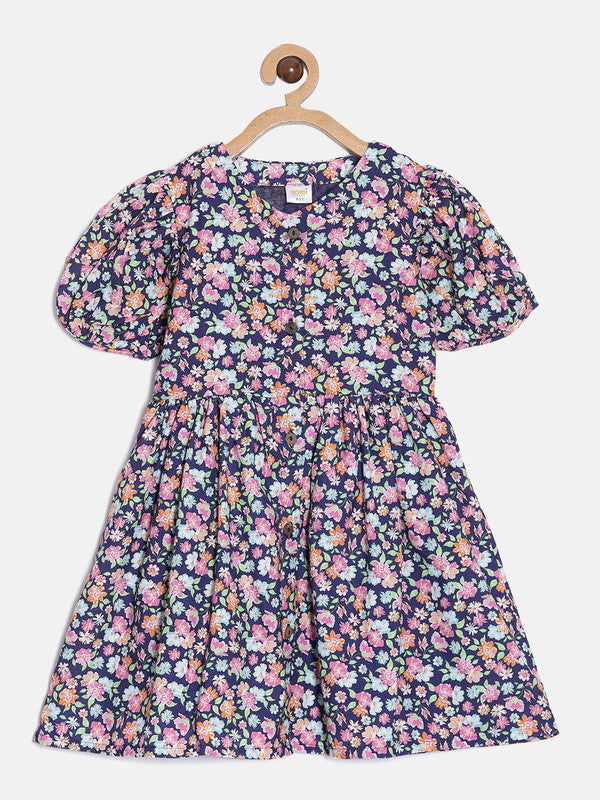 aomi Cotton Floral Print Dress with Puff Sleeves, Blue