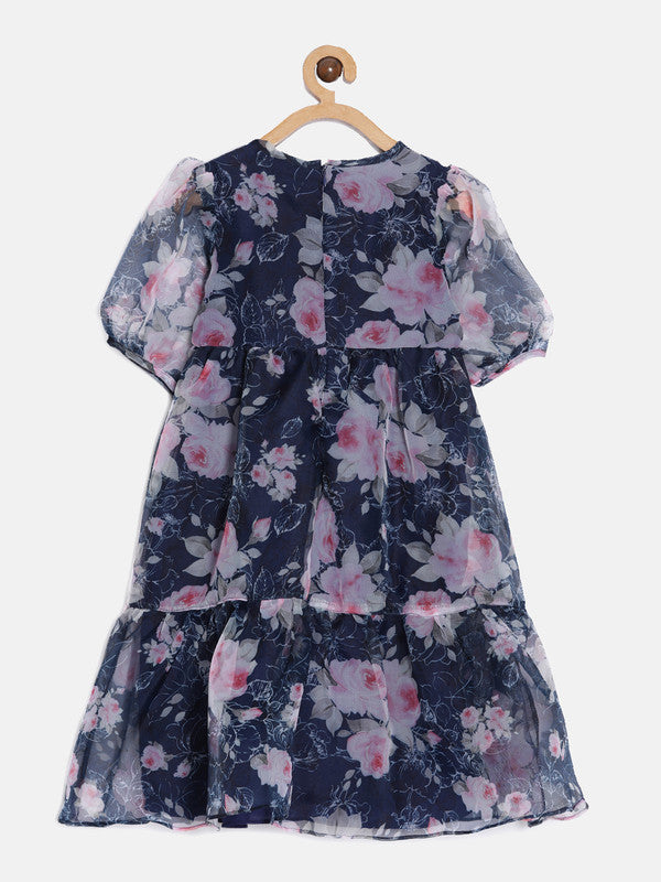 aomi Organza Puff Sleeved Casual Dress with Layered Skirt, Blue