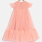 aomi Tulle Girls Ruffled Party Dress with Flower Accessories , Peach