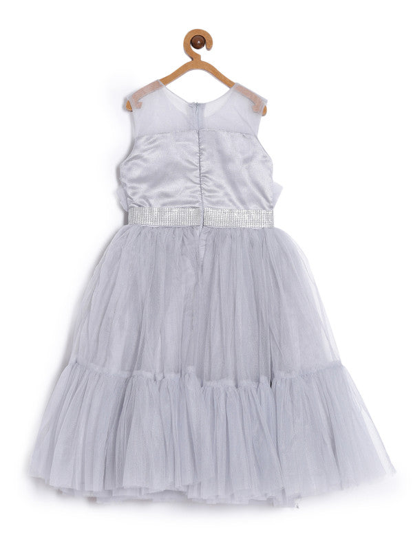 aomi Tulle Fancy Girls Party Gown with Flower Accessories ,Grey