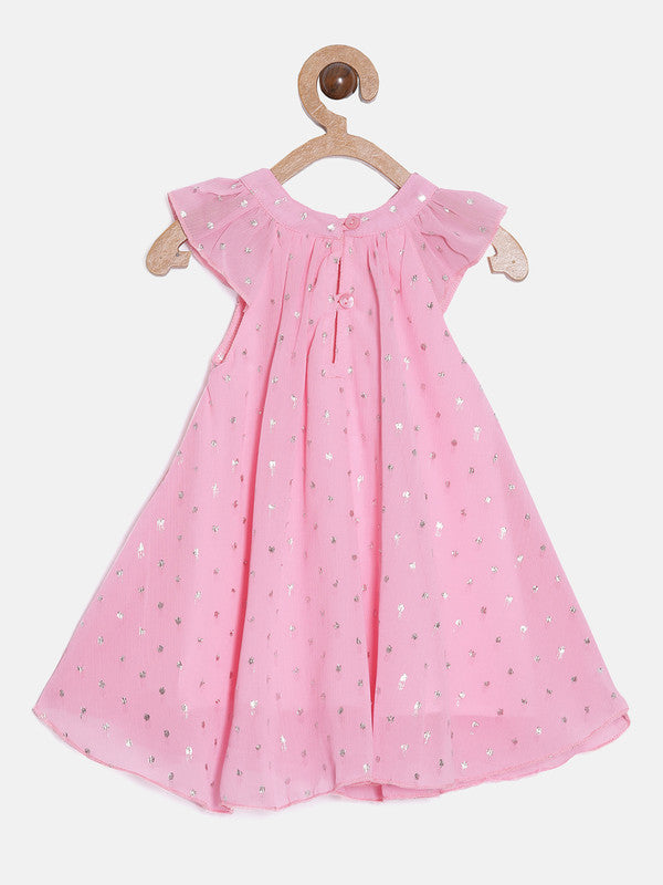 aomi Georgette Infant Girls Dress with Round Neck and Flutter Sleeves,Pink