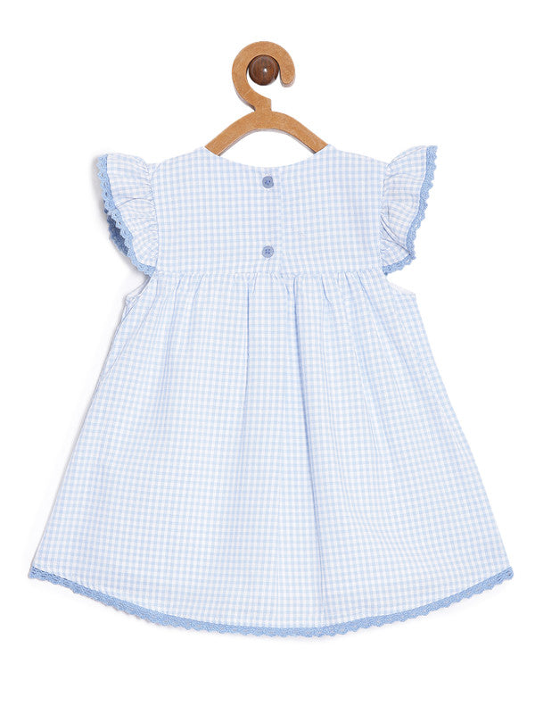 aomi Cotton Infant Smocked Dress with Flutter Sleeves and Lace, Blue