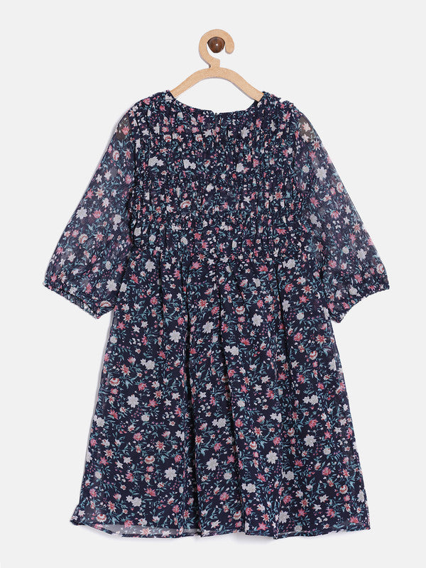 aomi Georgette Girls Dress with 3/4th Sleeves and Smocking on the Yoke, Navy