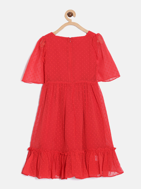 aomi Georgette Girls Solid Bell Sleeved Dress with Ruffled Hem, Red
