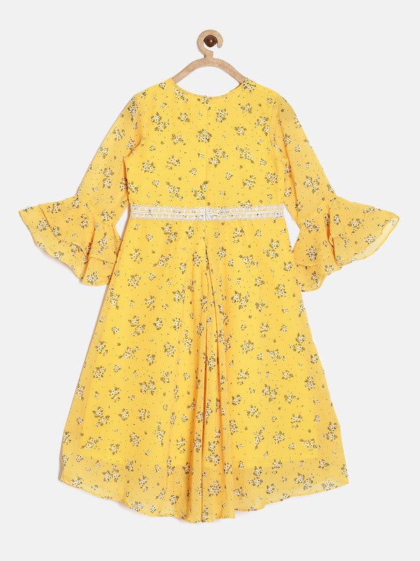 aomi Georgette Girls Bell Sleeve Round Neck Dress, Yellow