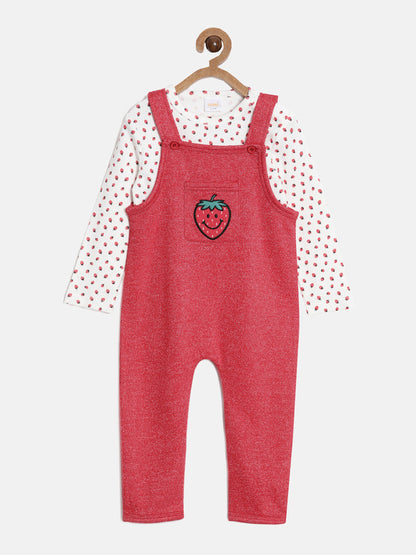 aomi Knit Infant Girls Dungaree Set with Applique, Red